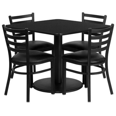 36'' Square Black Laminate Table Set with 4 Ladder Back Metal Chairs - Black Vinyl Seat