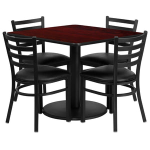 36'' Square Mahogany Laminate Table Set with 4 Ladder Back Metal Chairs - Black Vinyl Seat