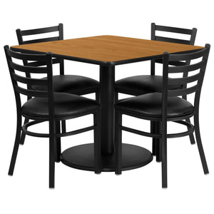 36'' Square Natural Laminate Table Set with 4 Ladder Back Metal Chairs - Black Vinyl Seat