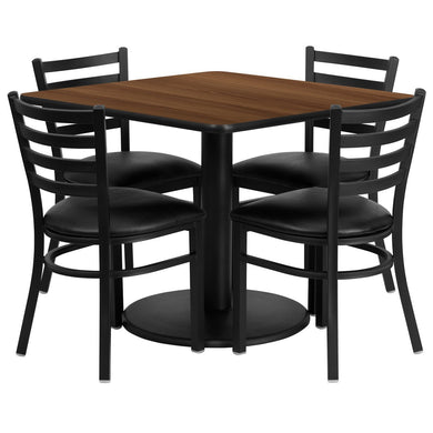 36'' Square Walnut Laminate Table Set with 4 Ladder Back Metal Chairs - Black Vinyl Seat
