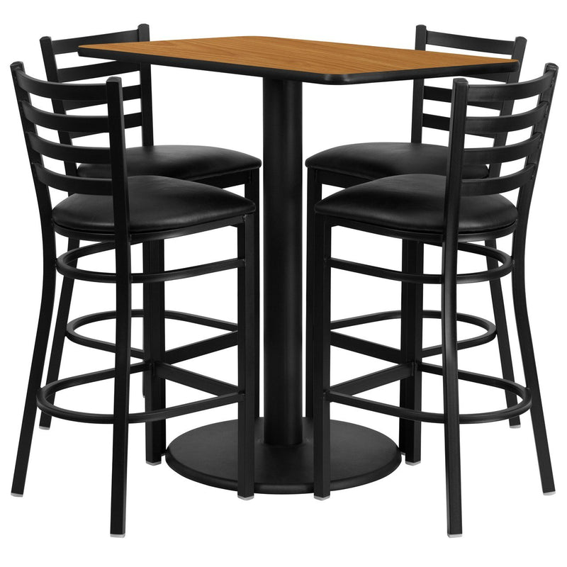 24'' x 42'' Rectangular Natural Laminate Table Set with 4 Ladder Back Metal Barstools - Black Vinyl Seat