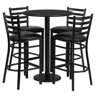 30'' Round Black Laminate Table Set with Round Base and 4 Ladder Back Metal Barstools - Black Vinyl Seat