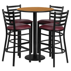 30'' Round Natural Laminate Table Set with Round Base and 4 Ladder Back Metal Barstools - Burgundy Vinyl Seat