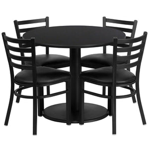 36'' Round Black Laminate Table Set with Round Base and 4 Ladder Back Metal Chairs - Black Vinyl Seat