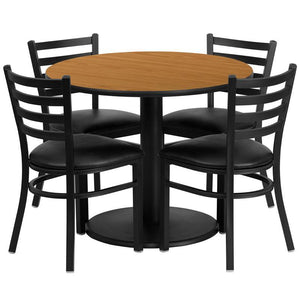 36'' Round Natural Laminate Table Set with Round Base and 4 Ladder Back Metal Chairs - Black Vinyl Seat