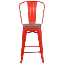 Load image into Gallery viewer, High Red Metal Counter Height Stool with Back and Wood Seat