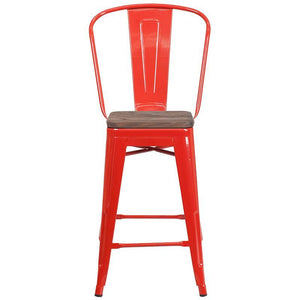 High Red Metal Counter Height Stool with Back and Wood Seat