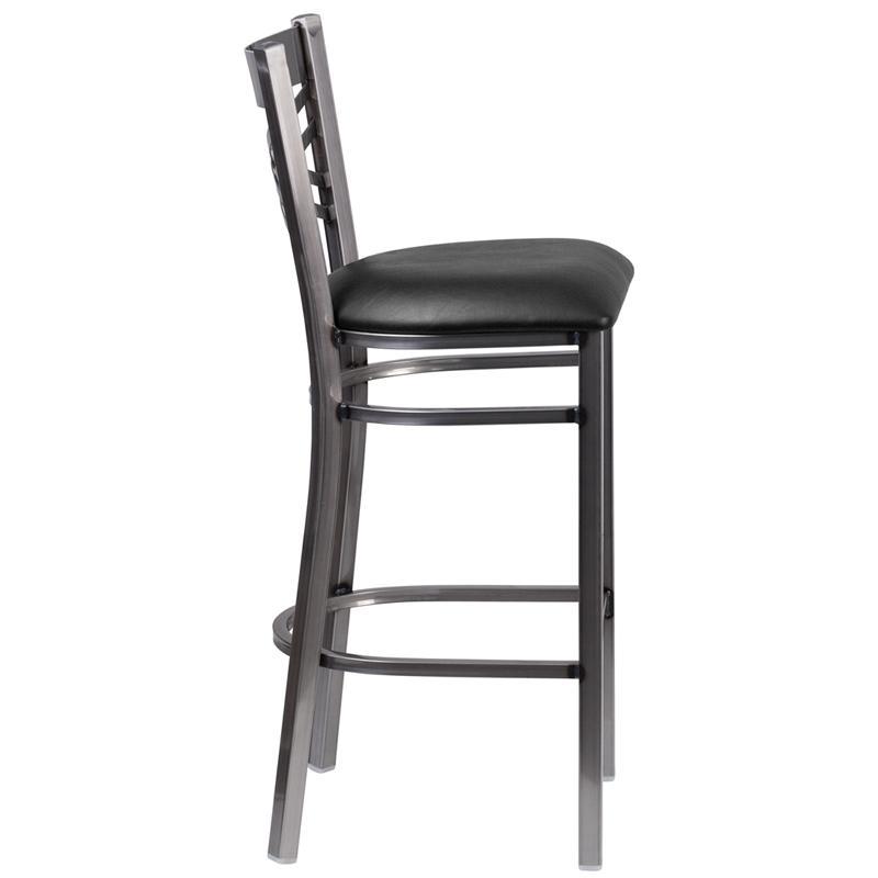 HERCULES Series Clear Coated ''X'' Back Metal Restaurant Barstool - Black Vinyl Seat - Side