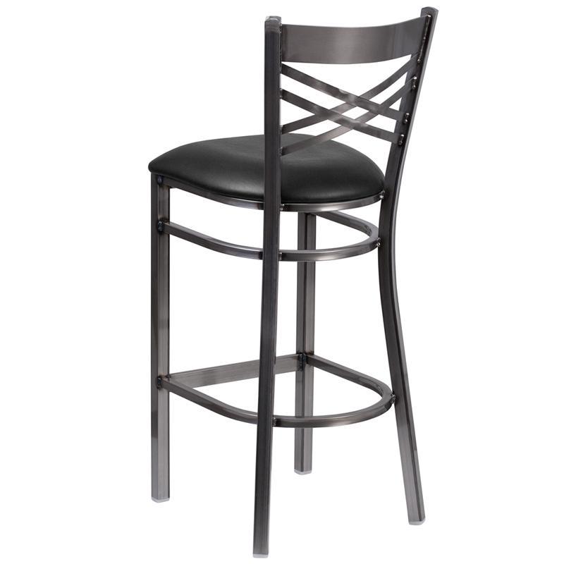 HERCULES Series Clear Coated ''X'' Back Metal Restaurant Barstool - Black Vinyl Seat - Back