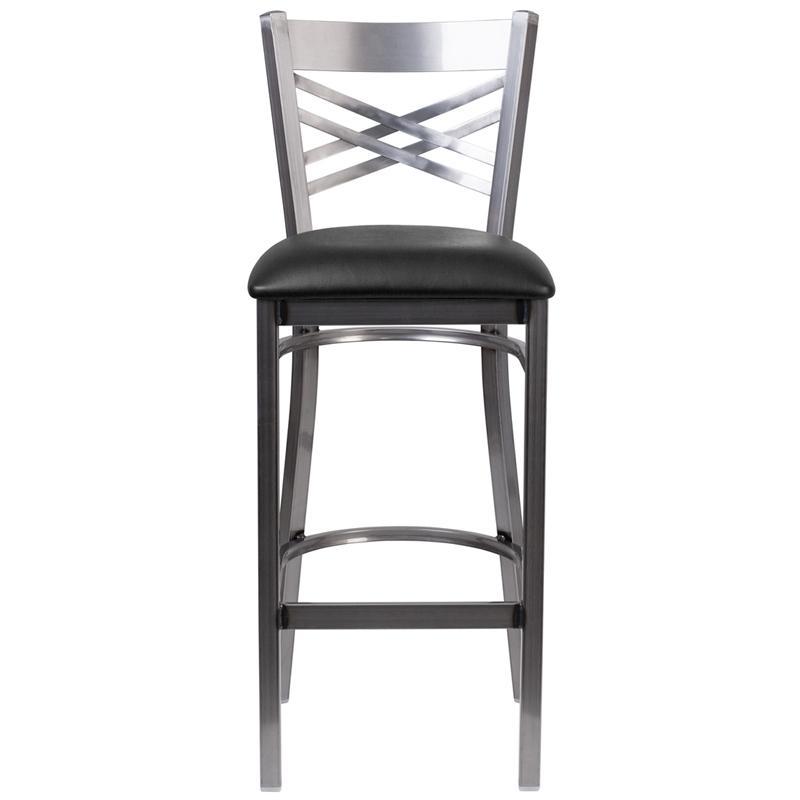 HERCULES Series Clear Coated ''X'' Back Metal Restaurant Barstool - Black Vinyl Seat - Front