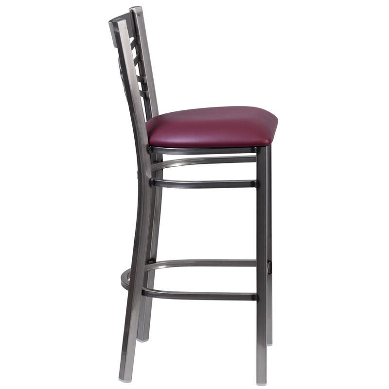 HERCULES Series Clear Coated ''X'' Back Metal Restaurant Barstool - Burgundy Vinyl Seat - Side
