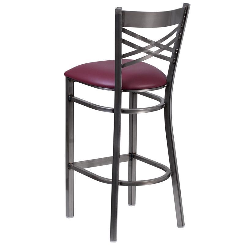 HERCULES Series Clear Coated ''X'' Back Metal Restaurant Barstool - Burgundy Vinyl Seat - Back