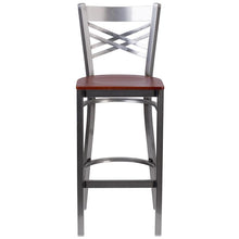 Load image into Gallery viewer, HERCULES Series Clear Coated &#39;&#39;X&#39;&#39; Back Metal Restaurant Barstool - Cherry Wood Seat
