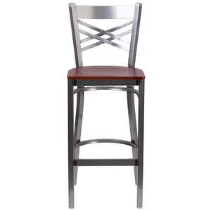 HERCULES Series Clear Coated ''X'' Back Metal Restaurant Barstool - Cherry Wood Seat - Front