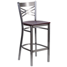 Load image into Gallery viewer, HERCULES Series Clear Coated &#39;&#39;X&#39;&#39; Back Metal Restaurant Barstool - Mahogany Wood Seat