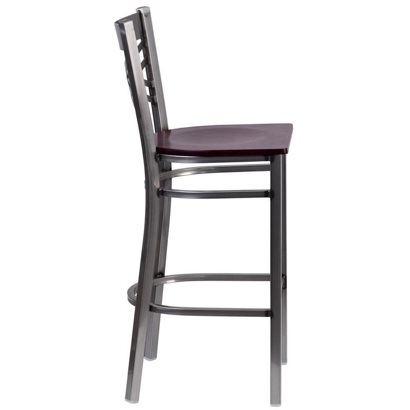 HERCULES Series Clear Coated ''X'' Back Metal Restaurant Barstool - Mahogany Wood Seat - Side