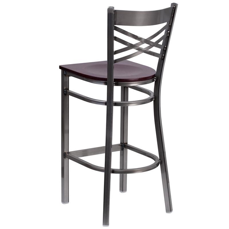 HERCULES Series Clear Coated ''X'' Back Metal Restaurant Barstool - Mahogany Wood Seat - Back