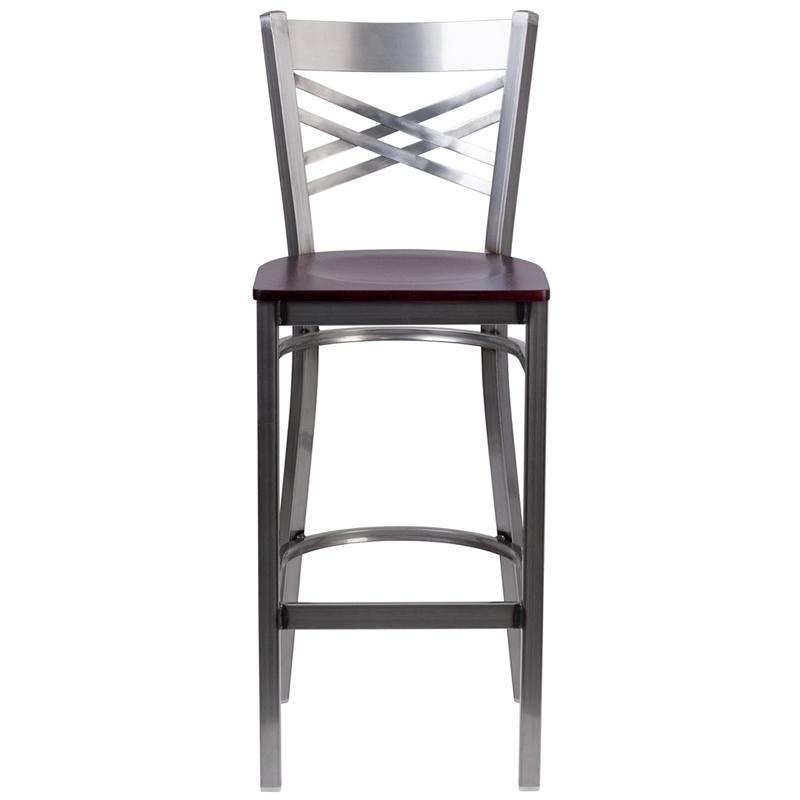 HERCULES Series Clear Coated ''X'' Back Metal Restaurant Barstool - Mahogany Wood Seat - Front
