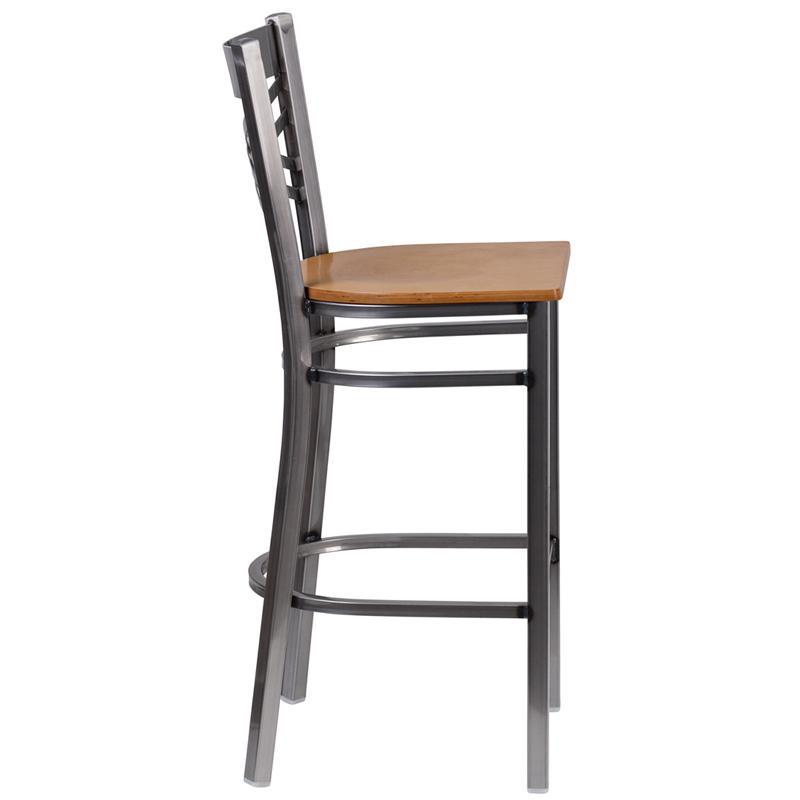 HERCULES Series Clear Coated ''X'' Back Metal Restaurant Barstool - Natural Wood Seat - Side