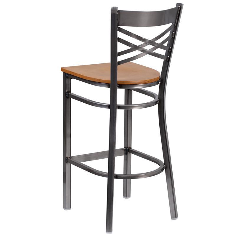 HERCULES Series Clear Coated ''X'' Back Metal Restaurant Barstool - Natural Wood Seat - Back
