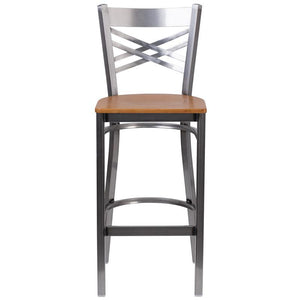 HERCULES Series Clear Coated ''X'' Back Metal Restaurant Barstool - Natural Wood Seat