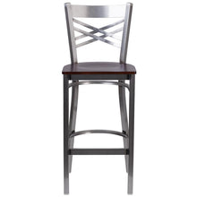 Load image into Gallery viewer, HERCULES Series Clear Coated &#39;&#39;X&#39;&#39; Back Metal Restaurant Barstool - Walnut Wood Seat