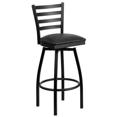 Heavy Duty Black Ladder Back Swivel Metal Bar Stool - Black Vinyl Seat