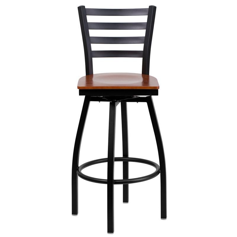  Black Ladder Back Swivel Metal Barstool - Cherry Wood Seat 1