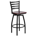 Heavy Duty Black Ladder Back Swivel Metal Barstool - Mahogany Wood Seat