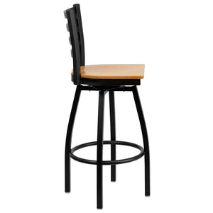 HERCULES Series Black Ladder Back Swivel Metal Barstool - Natural Wood Seat