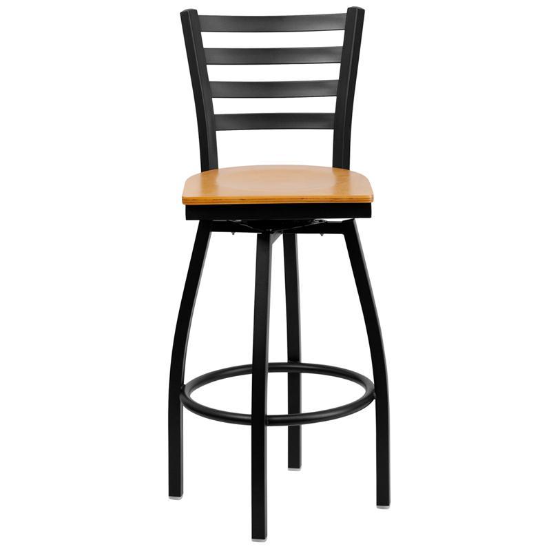 Heavy Duty Black Ladder Back Swivel Metal Barstool - Natural Wood Seat - Front