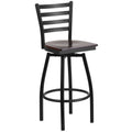 Heavy Duty Black Ladder Back Swivel Metal Barstool - Walnut Wood Seat