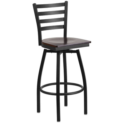 Heavy Duty Black Ladder Back Swivel Metal Barstool - Walnut Wood Seat