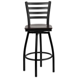 Heavy Duty Black Ladder Back Swivel Metal Barstool - Walnut Wood Seat - Front