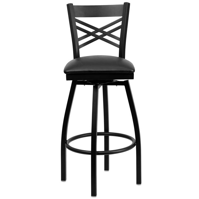 HERCULES Series Black ''X'' Back Swivel Metal Barstool - Black Vinyl Seat
