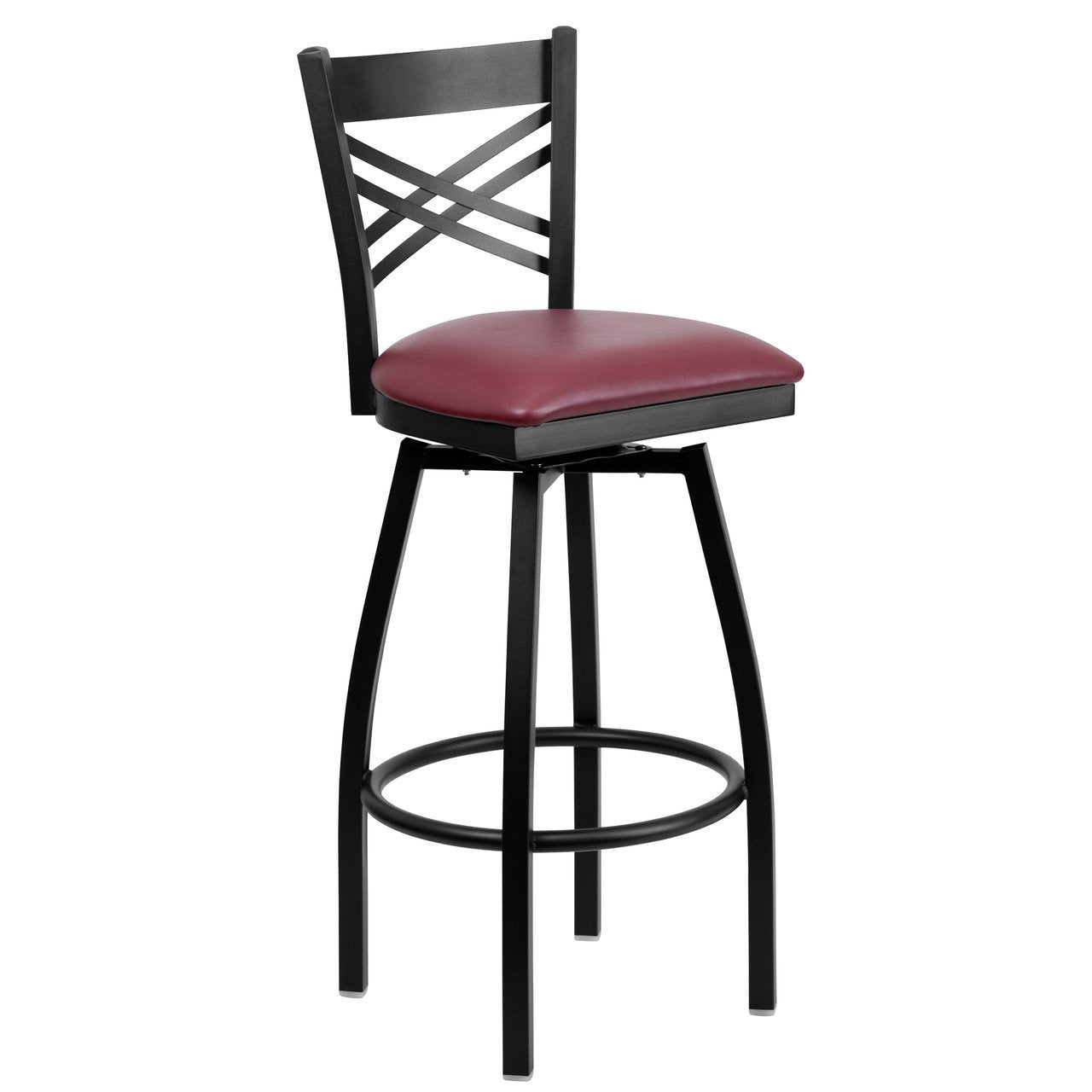 HERCULES Series Black ''X'' Back Swivel Metal Barstool - Burgundy Vinyl Seat