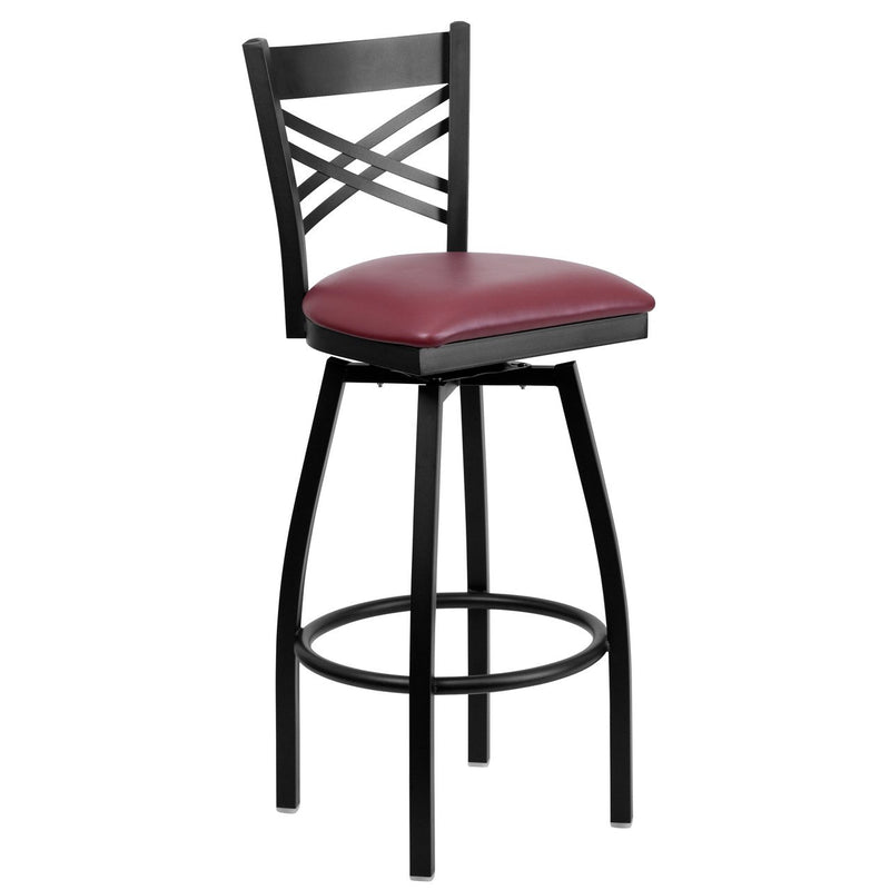 HERCULES Series Black ''X'' Back Swivel Metal Barstool - Burgundy Vinyl Seat