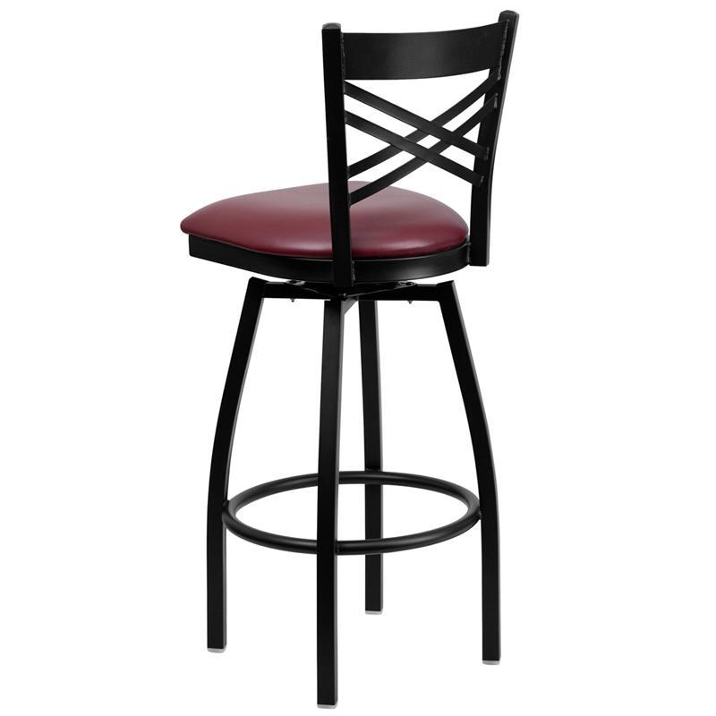 HERCULES Series Black ''X'' Back Swivel Metal Barstool - Burgundy Vinyl Seat