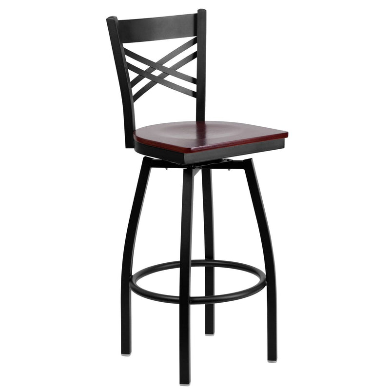 HERCULES Series Black ''X'' Back Swivel Metal Barstool - Mahogany Wood Seat