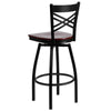 HERCULES Series Black ''X'' Back Swivel Metal Barstool - Mahogany Wood Seat