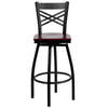 HERCULES Series Black ''X'' Back Swivel Metal Barstool - Mahogany Wood Seat