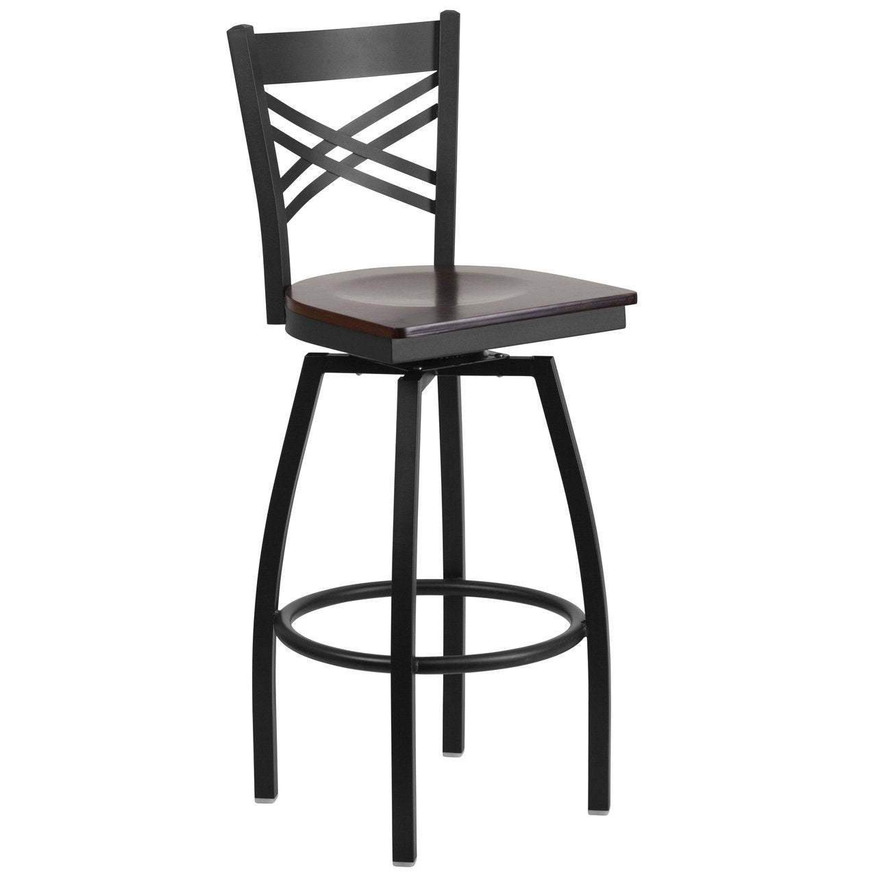 HERCULES Series Black ''X'' Back Swivel Metal Barstool - Walnut Wood Seat