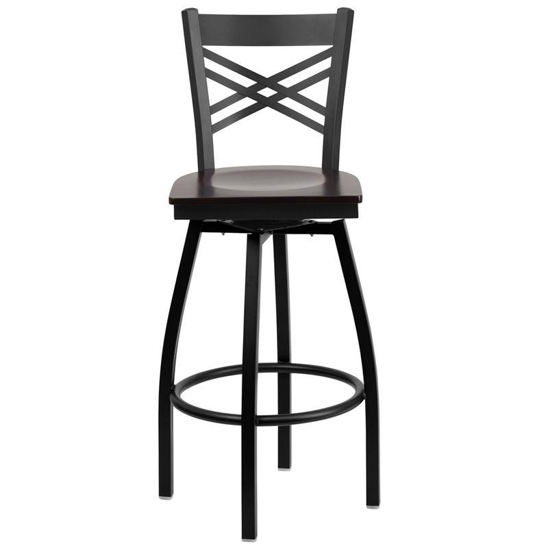 HERCULES Series Black ''X'' Back Swivel Metal Barstool - Walnut Wood Seat