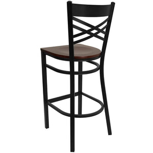 HERCULES Series Black ''X'' Back Metal Restaurant Barstool - Mahogany Wood Seat