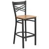 HERCULES Series Black ''X'' Back Metal Restaurant Barstool - Natural Wood Seat