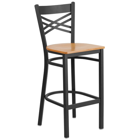HERCULES Series Black ''X'' Back Metal Restaurant Barstool - Natural Wood Seat
