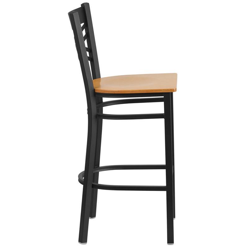 Black ''X'' Back Metal Restaurant Barstool - Natural Wood Seat 11
