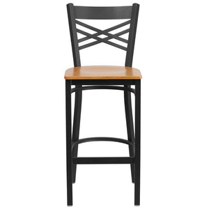 HERCULES Series Black ''X'' Back Metal Restaurant Barstool - Natural Wood Seat
