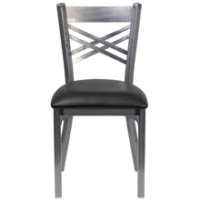 Load image into Gallery viewer, HERCULES Series Clear Coated &#39;&#39;X&#39;&#39; Back Metal Restaurant Chair - Black Vinyl Seat - Front