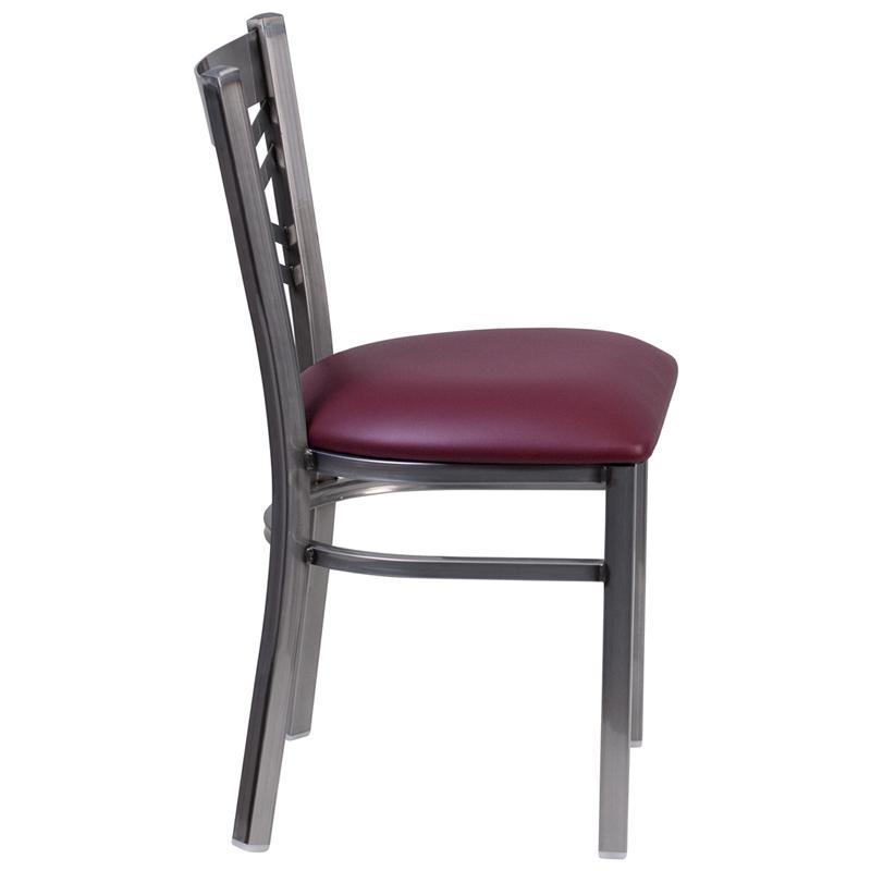 HERCULES Series Clear Coated ''X'' Back Metal Restaurant Chair - Burgundy Vinyl Seat - Side